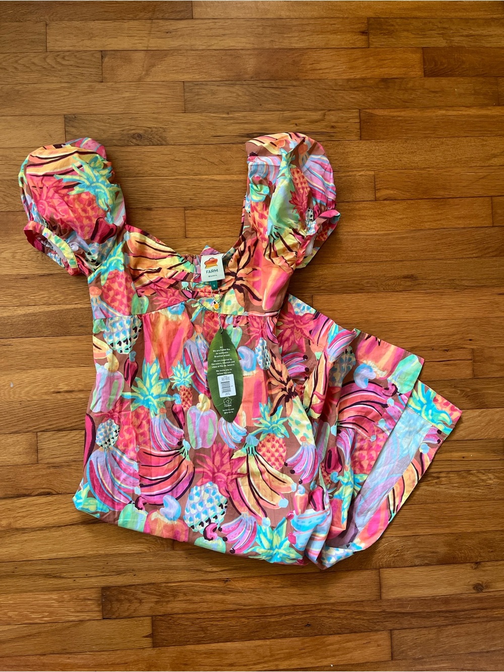 FARM Rio Fruit Salad Floral Multicolor Maxi Dress S Sweetheart Puff Sleeve Zip
